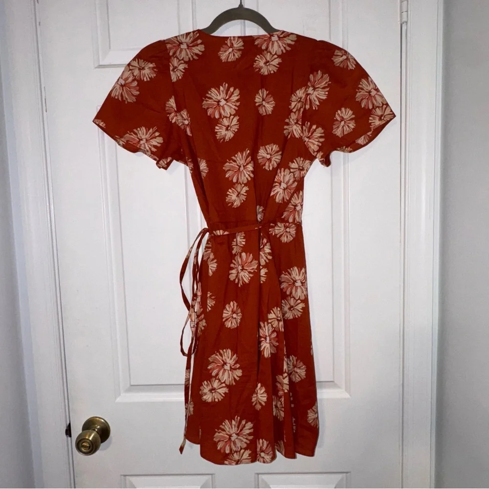 Madewell Floral Print Wrap Cotton V-Neck Mini Dress Rusty Torch dark orange S - Picture 10 of 16